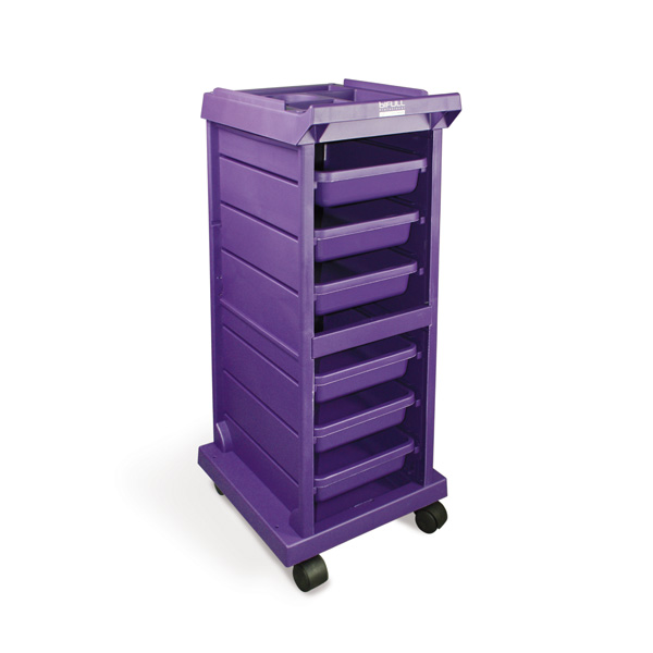 Carrinho organizador roxo com gavetas e rodas pretas