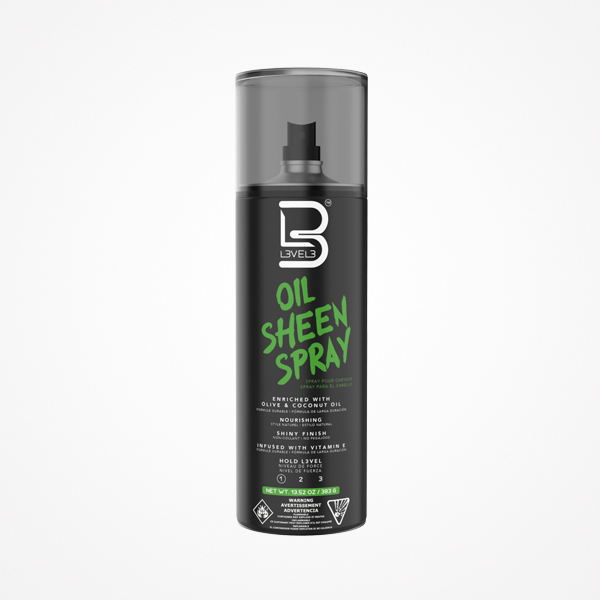 Spray para cabelo preto com tampa transparente e texto em verde e branco