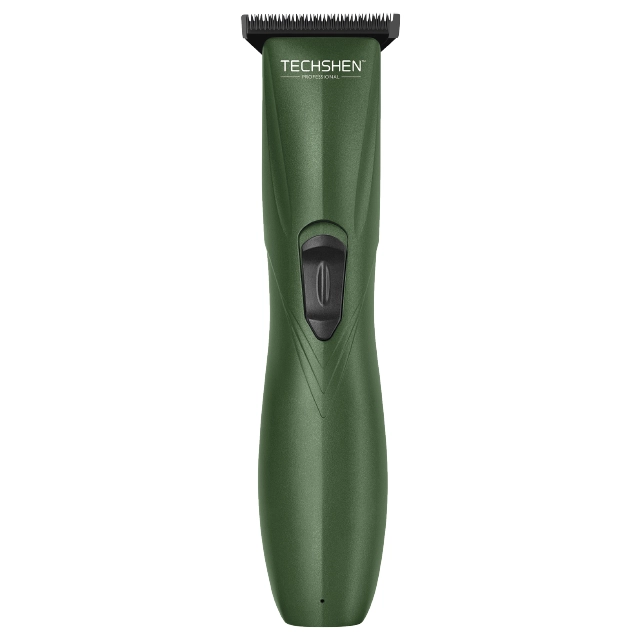 Aparato de cortar cabelo elétrico verde escuro com lâmina metálica e botões pretos.
