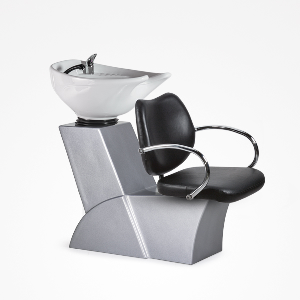 Cadeira para lavatório de cabelo com assento preto e lava-cabeças branco