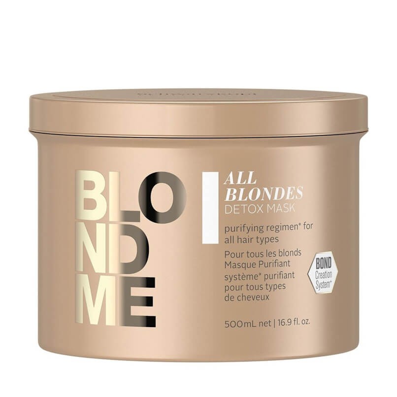Máscara detox para cabelo em embalagem dourada com texto em branco e preto.