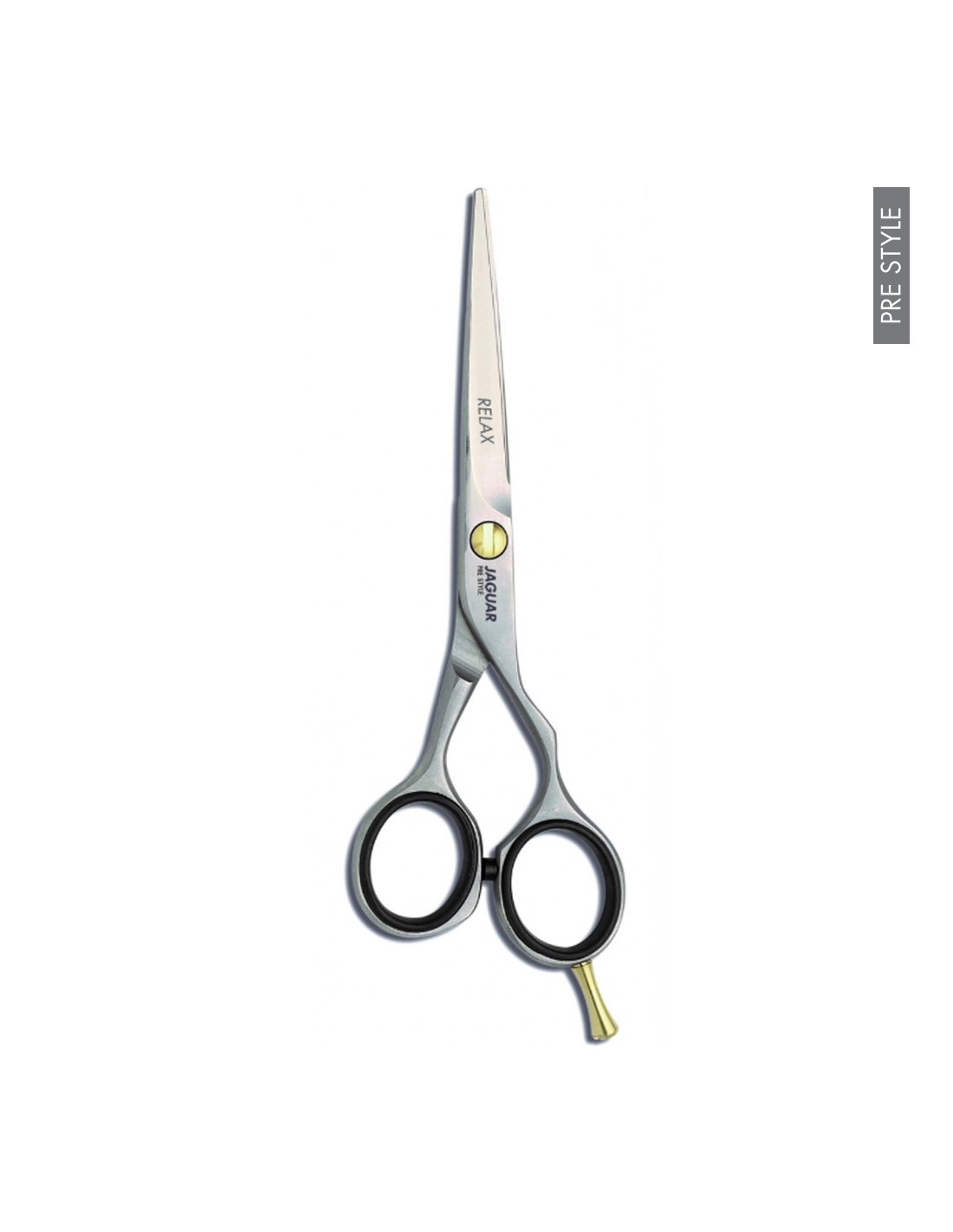 Tesoura metálica com punhos negros e texto RELAX BELLAIRE