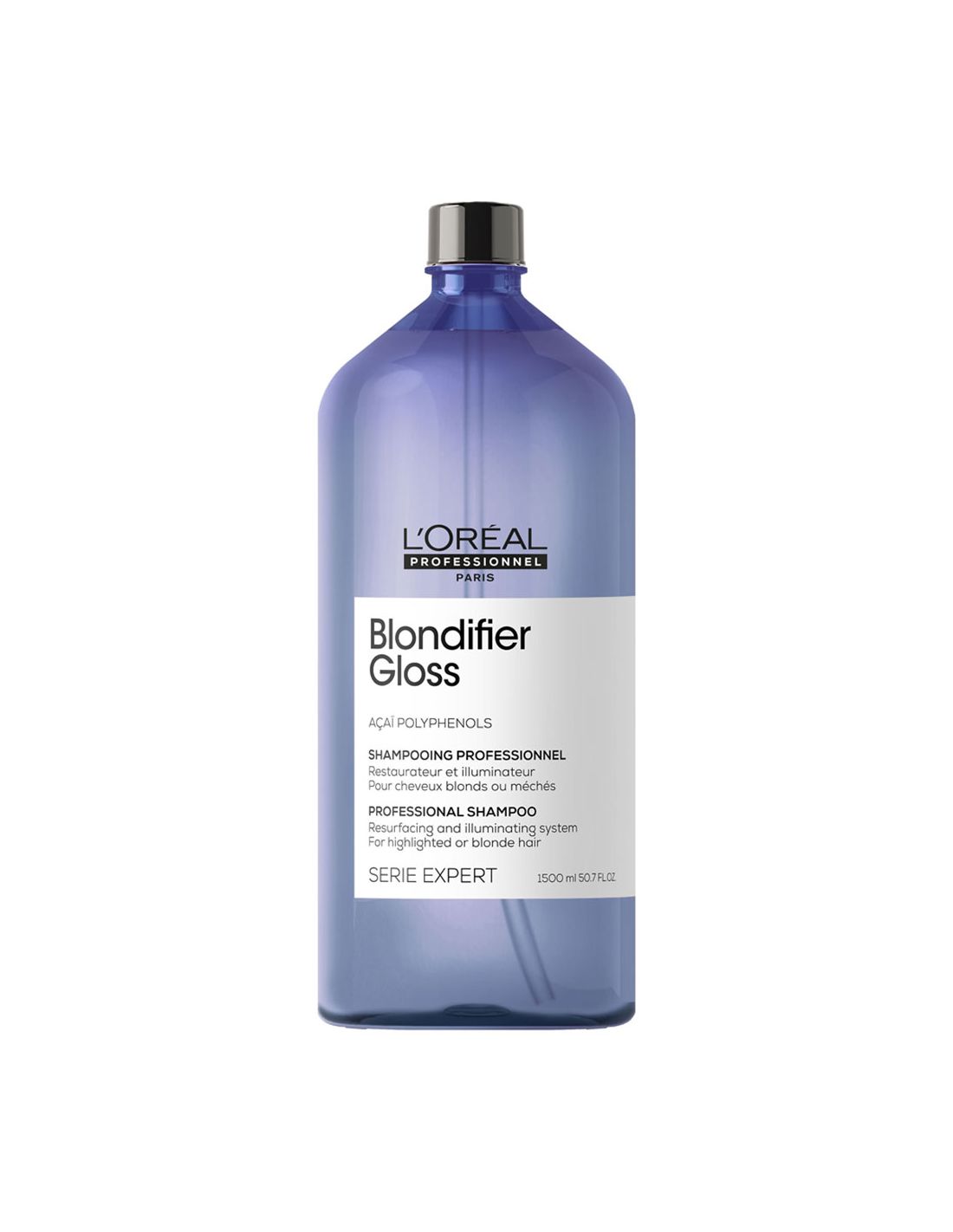 Frasco azul de shampoo L'Oréal Blondifier Gloss de 1500 ml