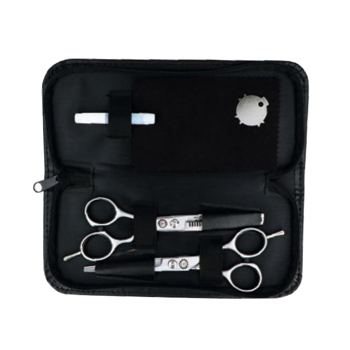 Estojo preto com utensílios para pet grooming incluindo tesouras e corta-unhas