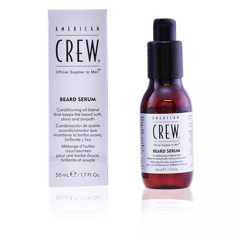 Sérum para barba American Crew em frasco de vidro âmbar e caixa branca com texto preto