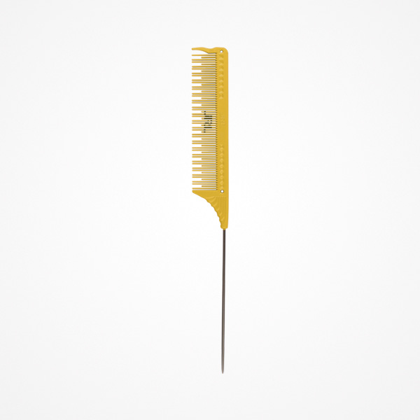 Pente amarelo com cabo metálico fino em fundo branco