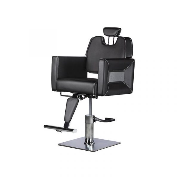 Cadeira preta de barbeiro com apoio de pés numa base metálica