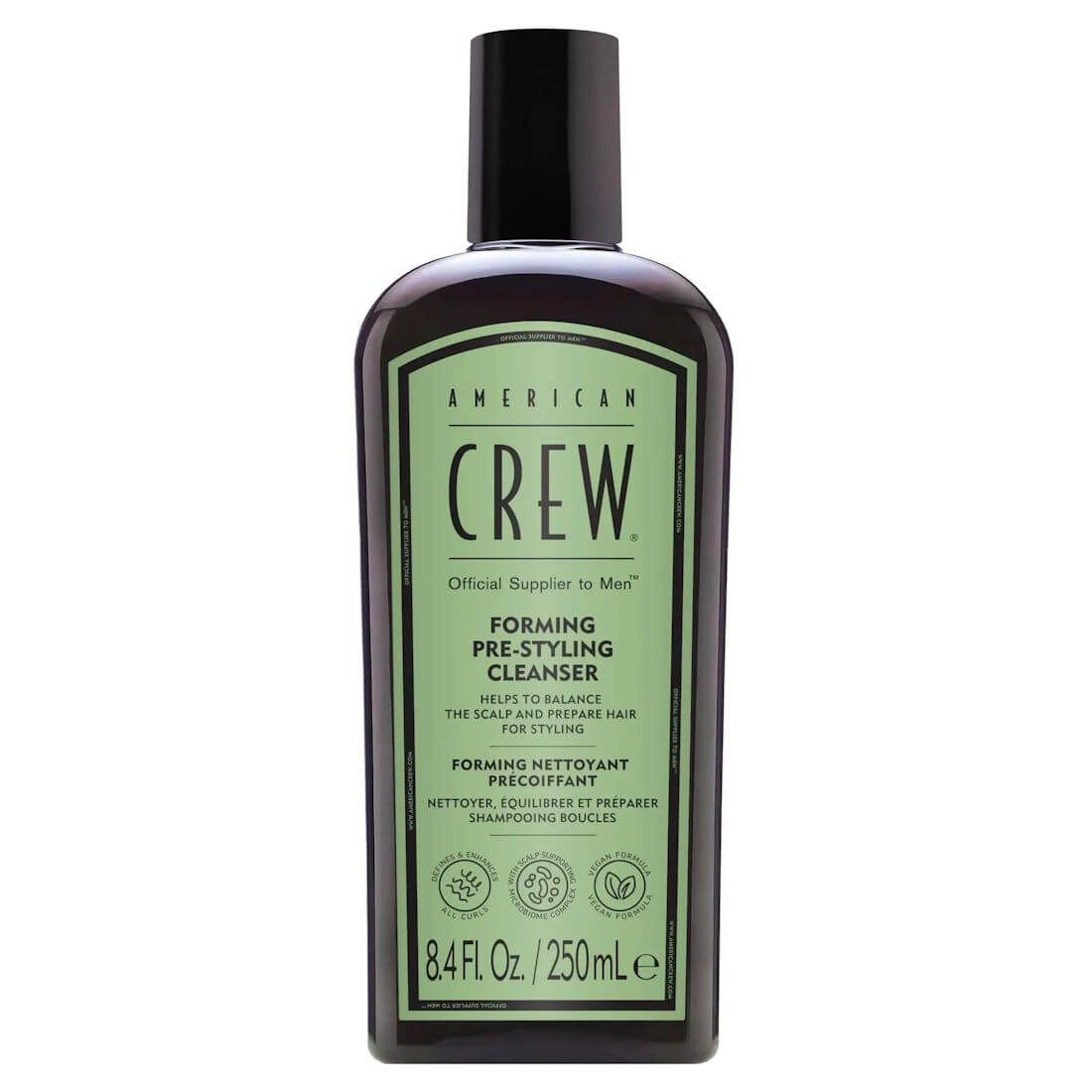Frasco preto com rótulo verde American Crew Forming Pre-Styling Cleanser 250 ml