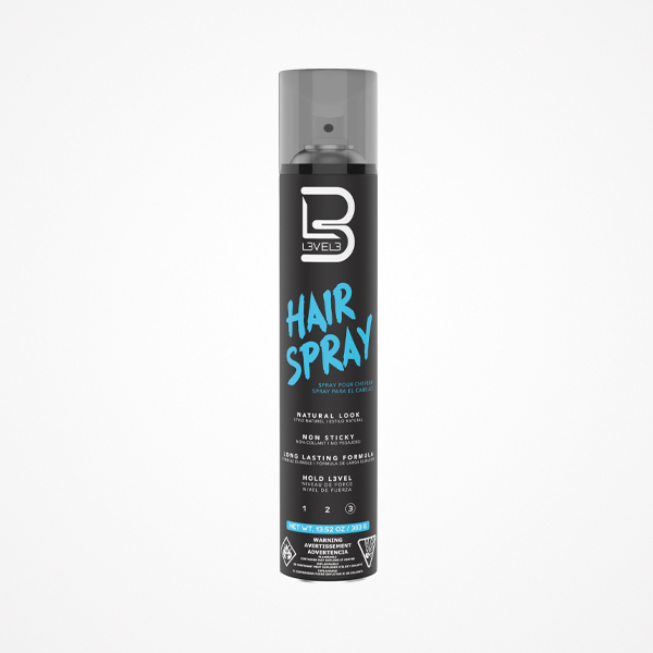 Frasco preto de spray de cabelo com tampa cinza e texto azul e branco