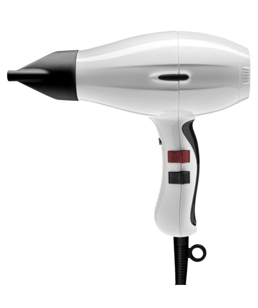 Secador de cabelo branco com bico preto e interruptores na pega