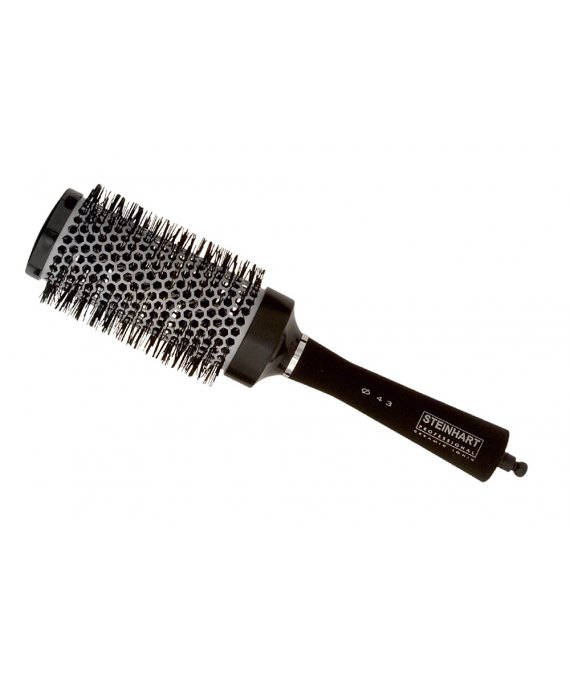 Escova redonda preta para cabelo com cabo e base metálica perfurada