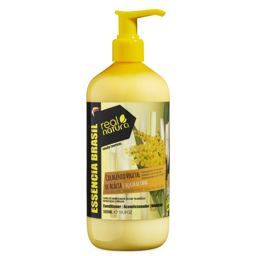 Frasco amarelo de condicionador Real Natura Essência Brasil com doseador