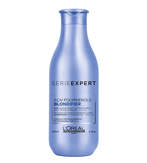 Frasco azul metálico de condicionador L'Oréal Serie Expert Blondifier