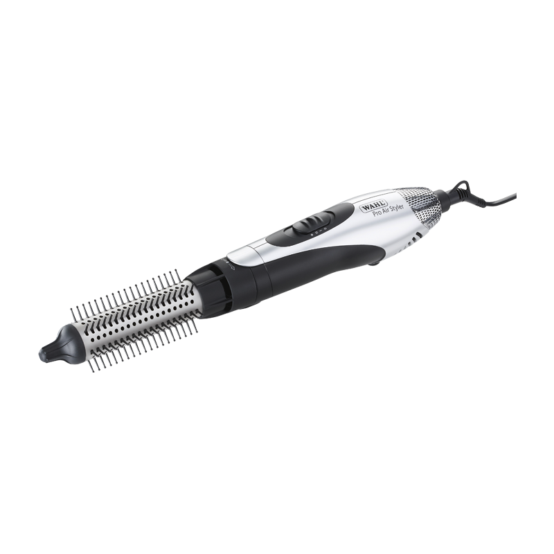 Escova eléctrica para cabelo branca e preta com cerdas metálicas e botão deslizante