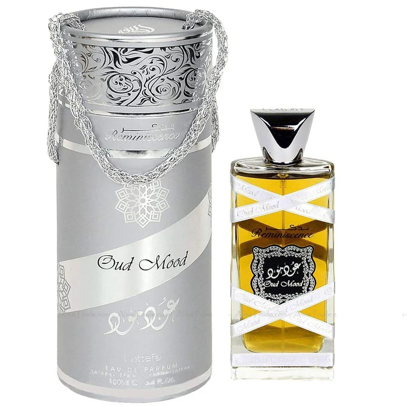 Frasco e embalagem cilíndrica de perfume Oud Mood cinza e prateado
