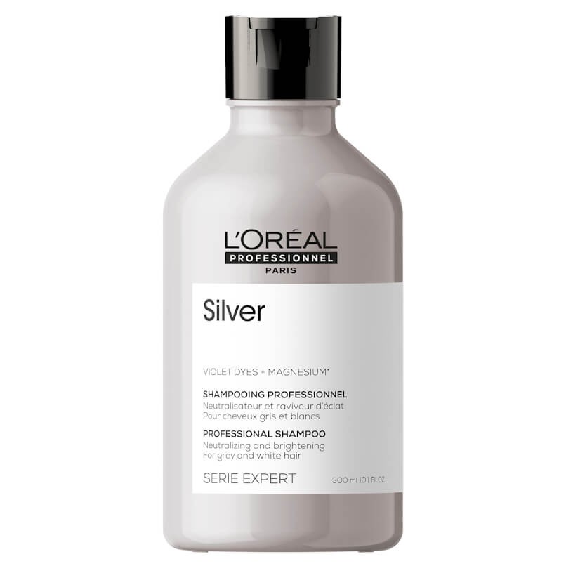 Frasco branco de shampoo L'Oréal Silver com tampa prateada