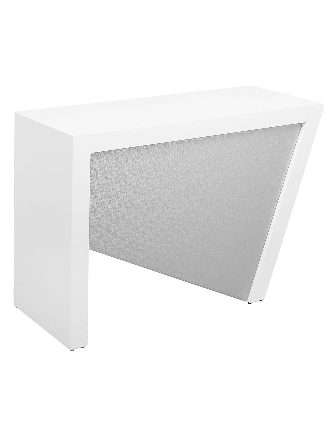 Mesa branca minimalista com painel frontal cinza claro