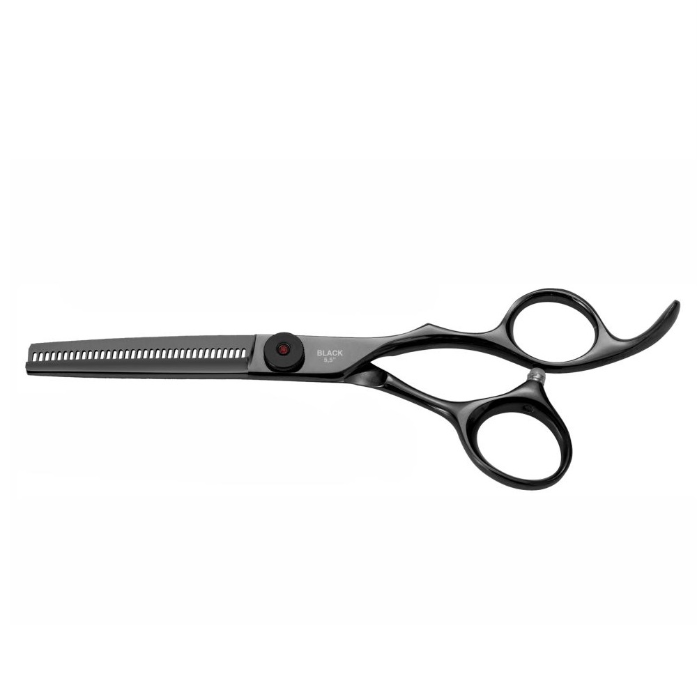 Tesoura profissional de desbaste de cabelo preta com cabo ergonómico e lâmina em aço