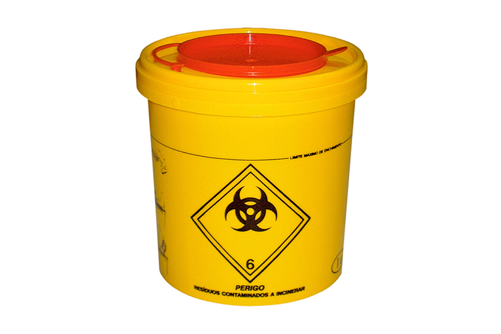 Recipiente amarelo de plástico para resíduos contaminados