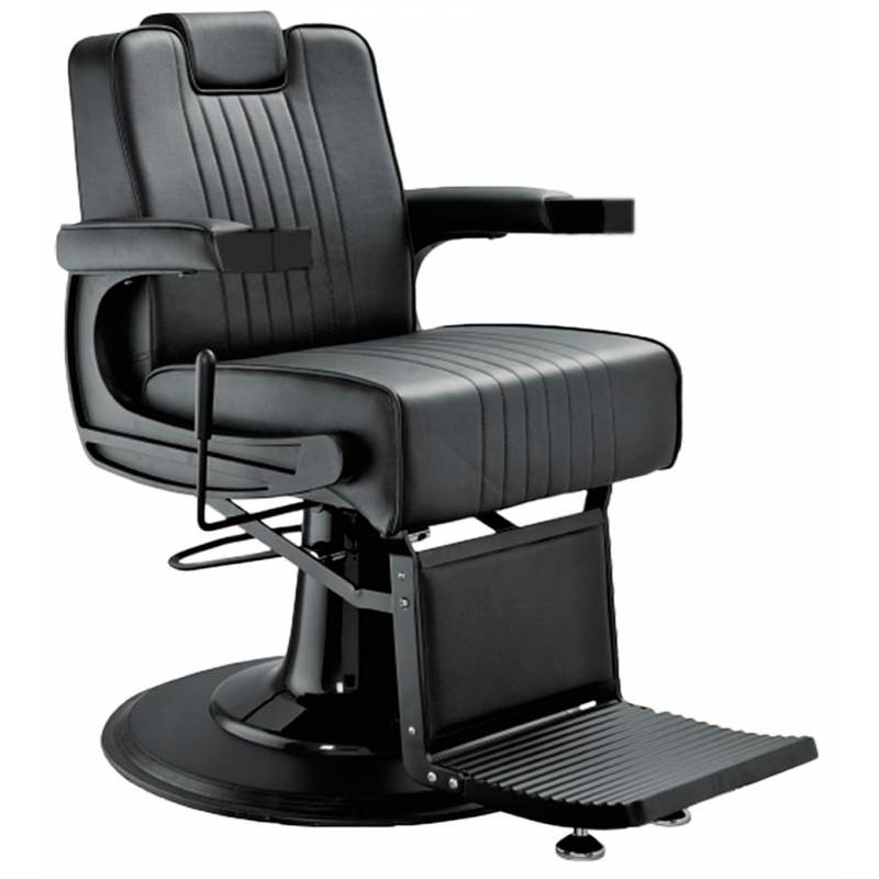 Cadeira de barbeiro preta em couro sintético com descanso de pés ajustável