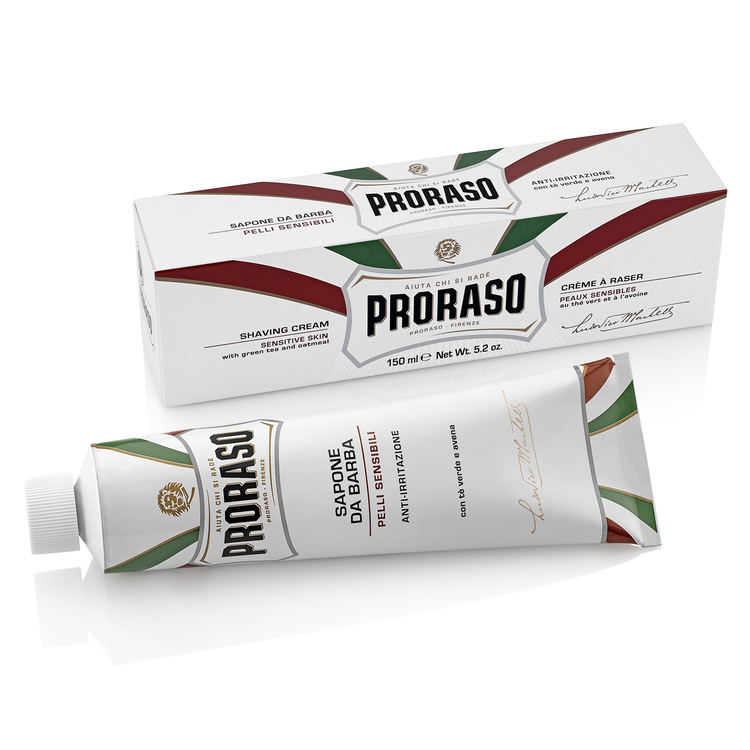 Tubo e caixa de creme de barbear Proraso branco com detalhes coloridos.