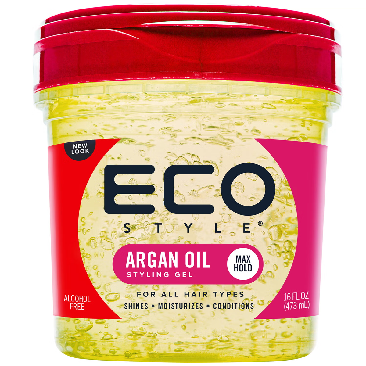 Gel de styling ECO STYLE Argan Oil em pote plástico transparente com tampa vermelha