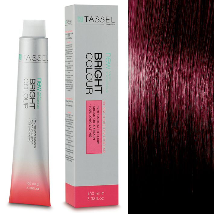Tubo e caixa de tinta para cabelo Tassel Bright Colour ao lado de cabelo com tonalidade castanho escuro com reflexos vermelhos.