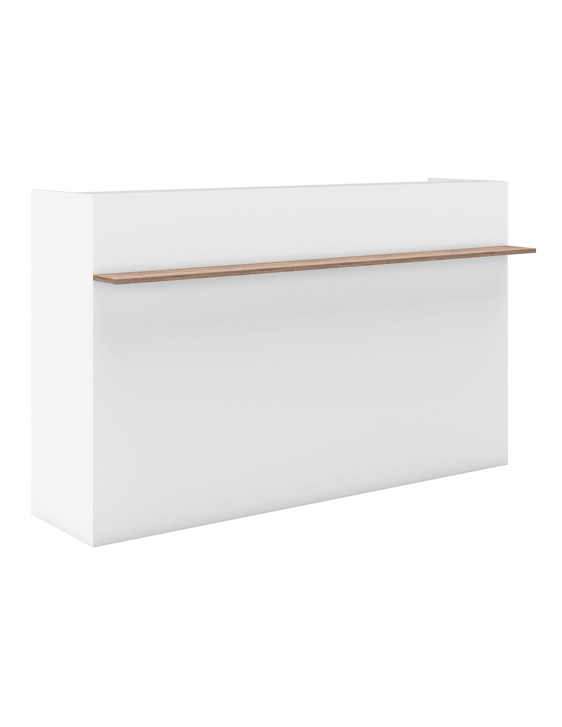 Balção de recepção branco com prateleira de madeira