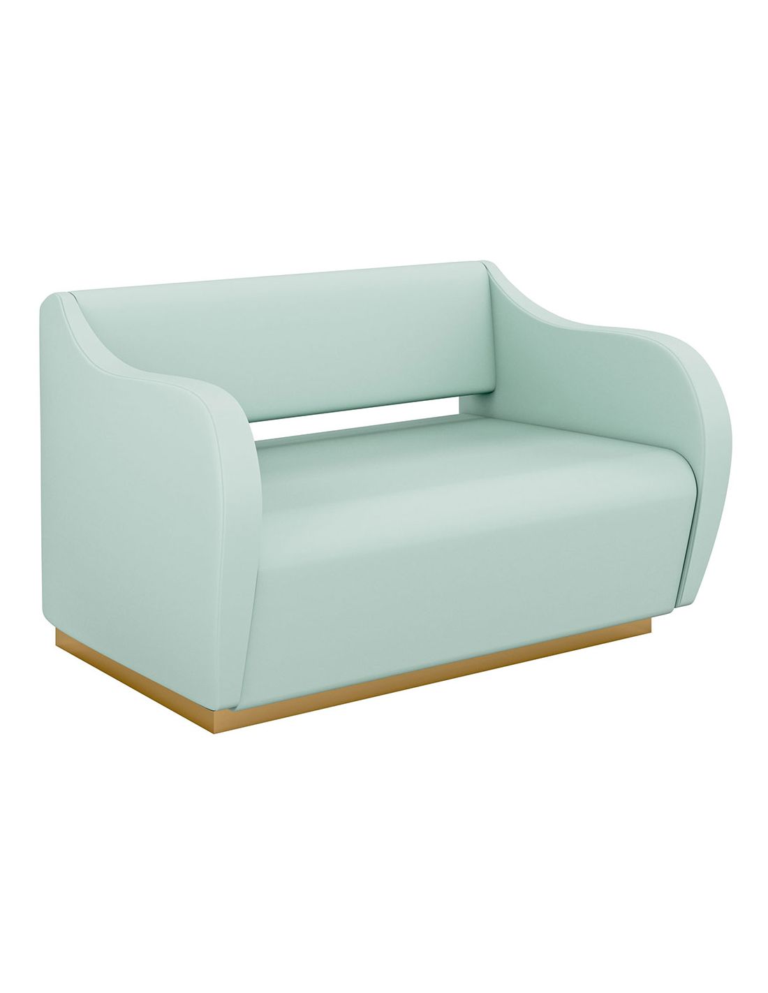 sofá azul claro com base de madeira e design com braços curvos