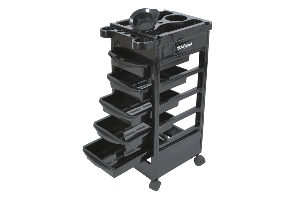 Carrinho organizador preto de plástico com várias gavetas e rodas.