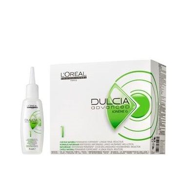 Caixa branca e frasco branco do produto L'Oréal Dulcia Advanced Ionène G com detalhes verdes