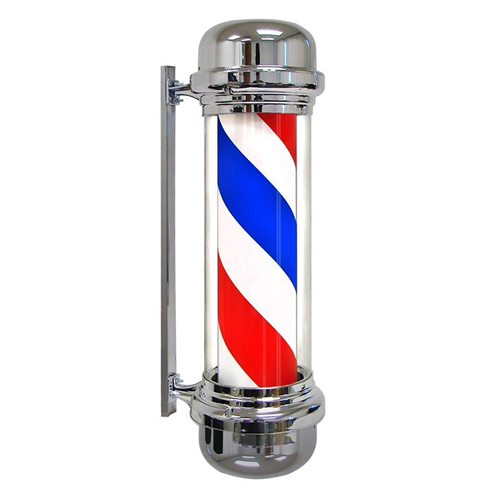 Haste de barbeiro com padrão espiral em vermelho, branco e azul e estrutura metálica prateada