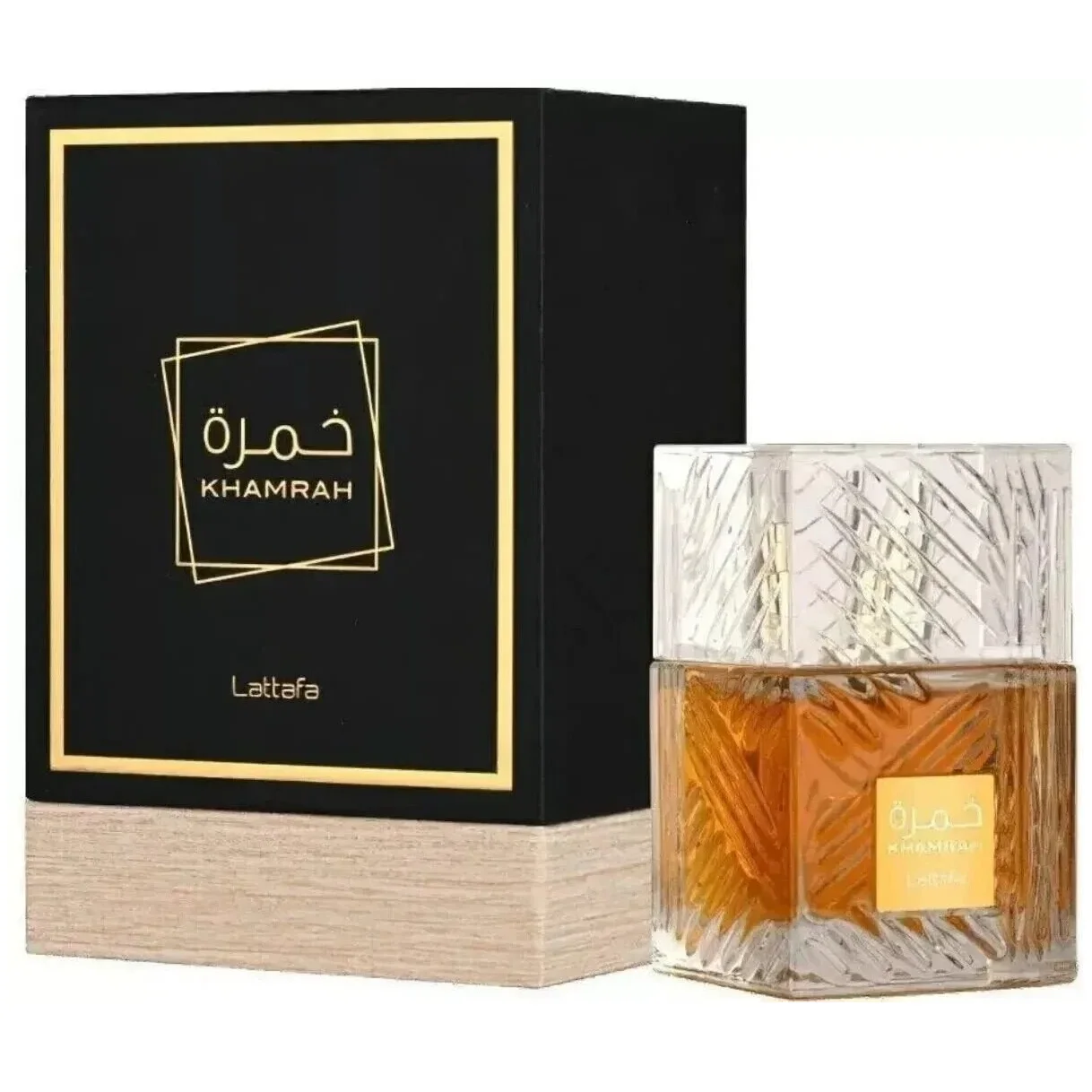 Frasco de perfume âmbar com tampa transparente e caixa preta com texto dourado KHAMRAH Lattafa