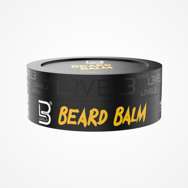 Bálsamo para barba em embalagem redonda preta com letras amarelas