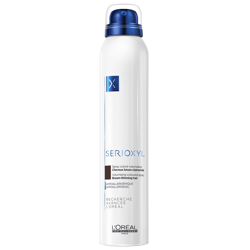 Frasco branco com tampa azul de spray capilar volumizador da marca L'Oréal
