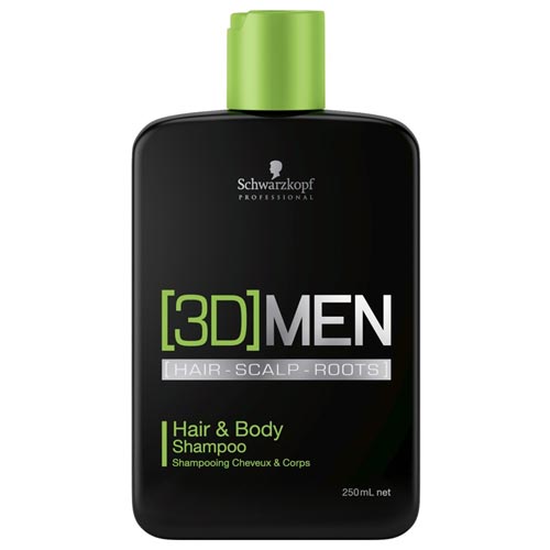 Frasco de champô Schwarzkopf 3D MEN para cabelo e corpo preto com tampa verde