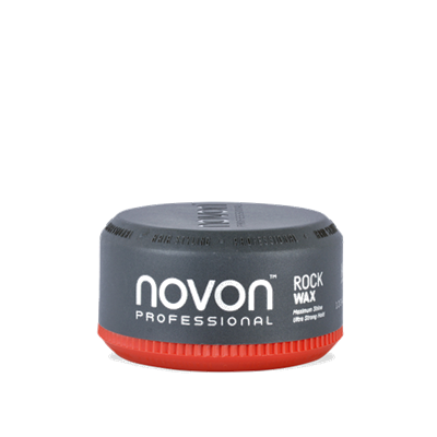 Embalagem redonda cinza escuro com tampa vermelha e texto branco Novon Professional