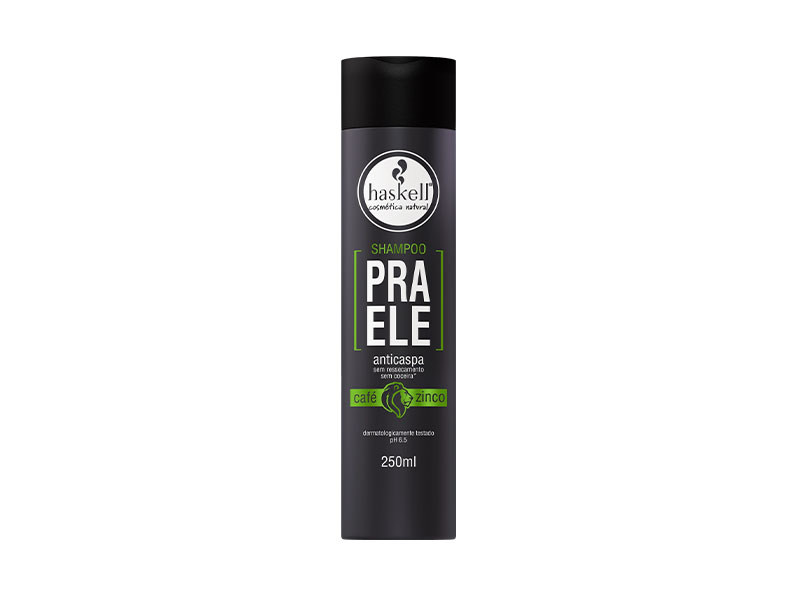 Frasco de shampoo preto com rótulo cinza e verde