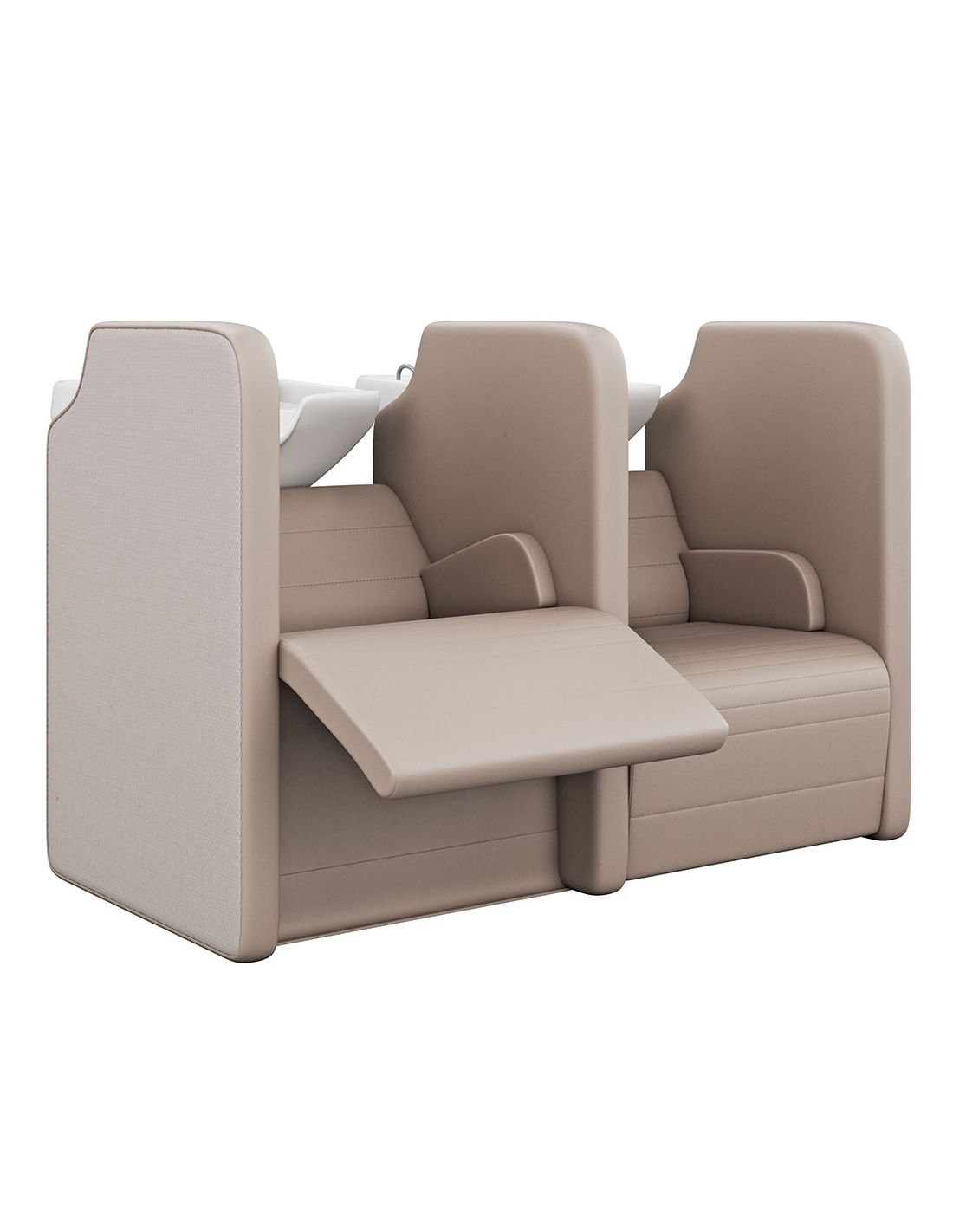 Cadeira dupla de lavagem de cabelo bege com lava-cabeças branco