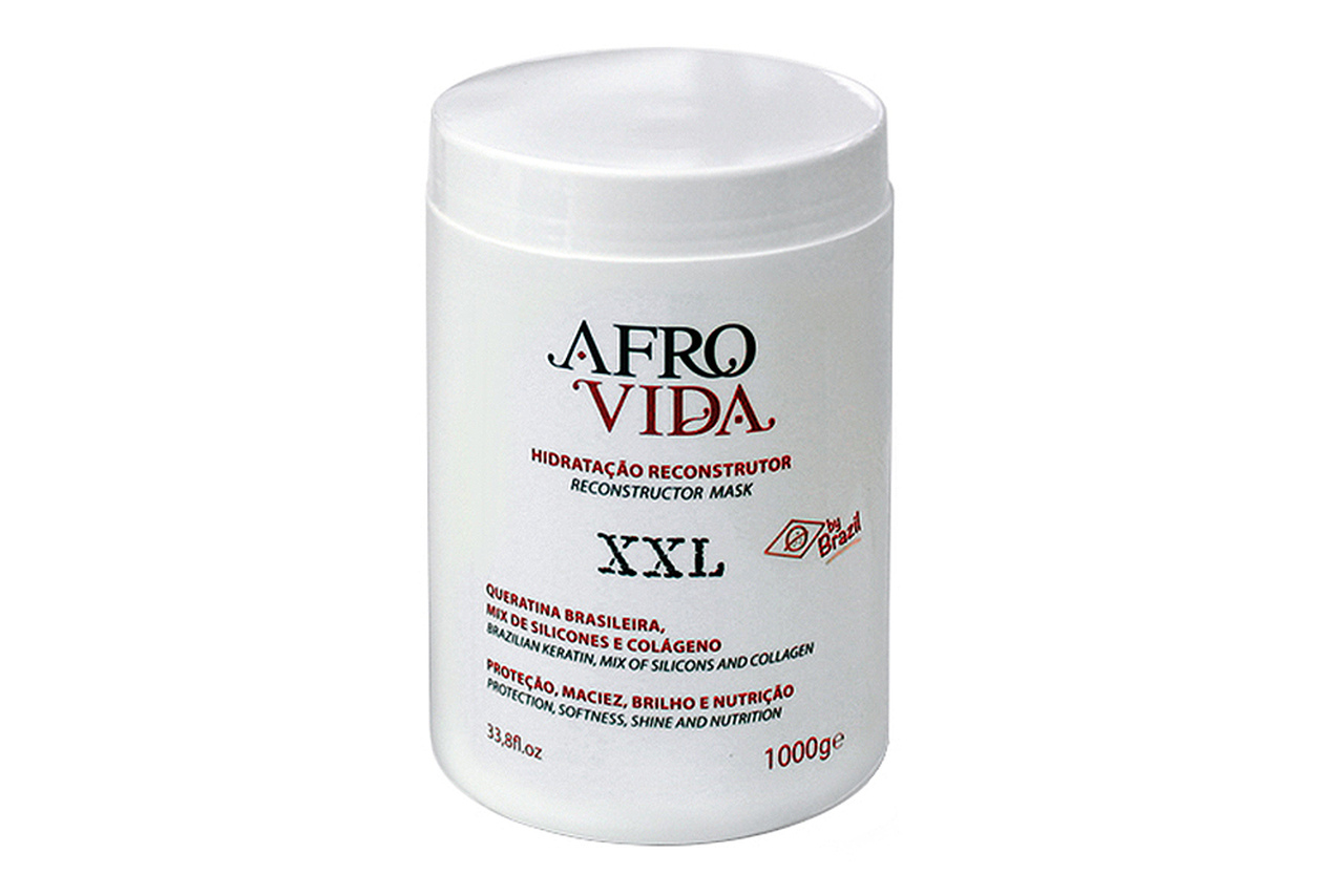 Pote branco com tampa branca e texto preto e vermelho Afro Vida, reconstructor XXL 1000g