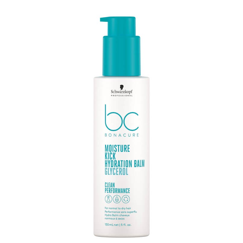 Frasco branco com doseador azul água de BC Bonacure Moisture Kick Hydration Balm Glycerol.
