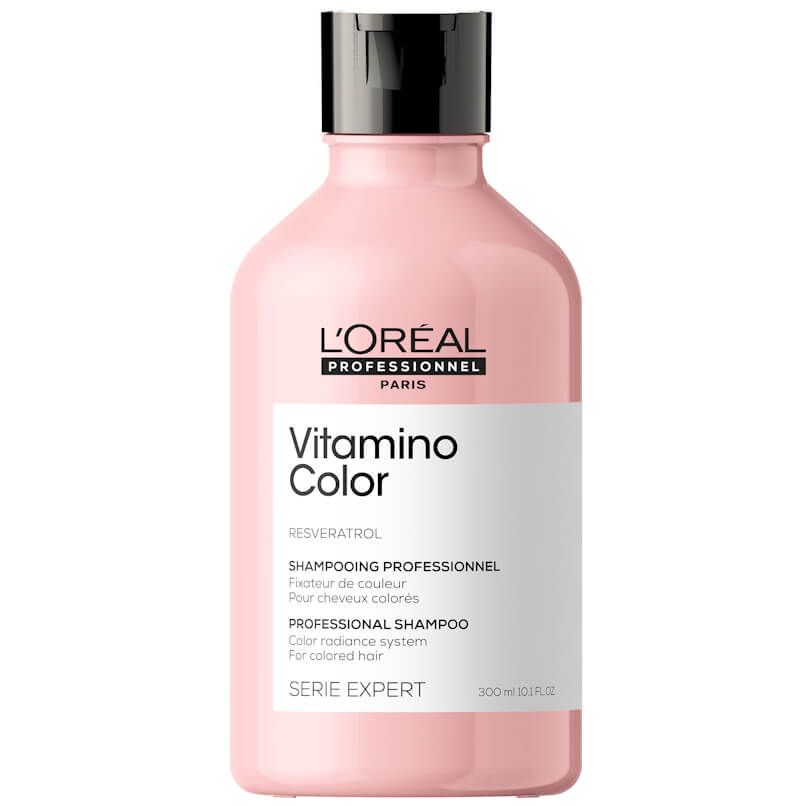 Frasco rosa de champô Vitamino Color da L'Oréal Professionnel com tampa preta