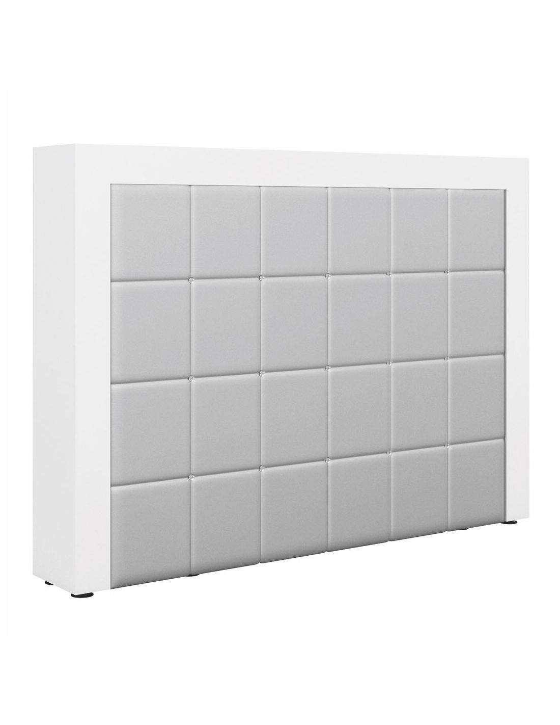 Cabeceira de cama cinza e branca acolchoada com quadrados