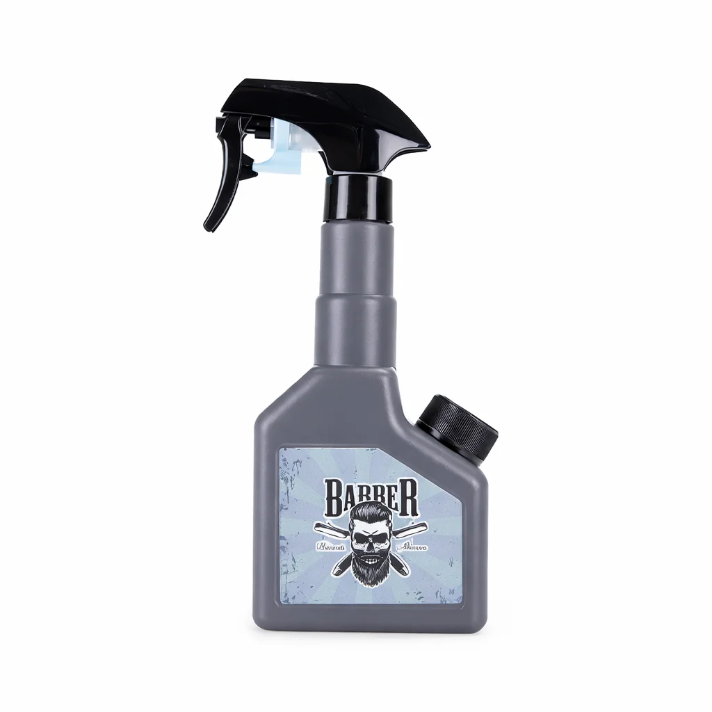 Frasco spray de plástico cinzento com rótulo Barber e pulverizador preto