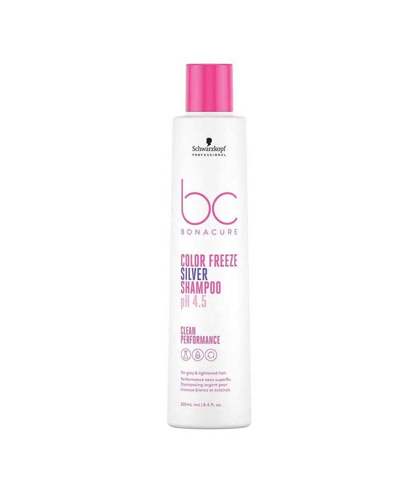 Frasco de shampoo branco com tampa rosa e texto em rosa e preto