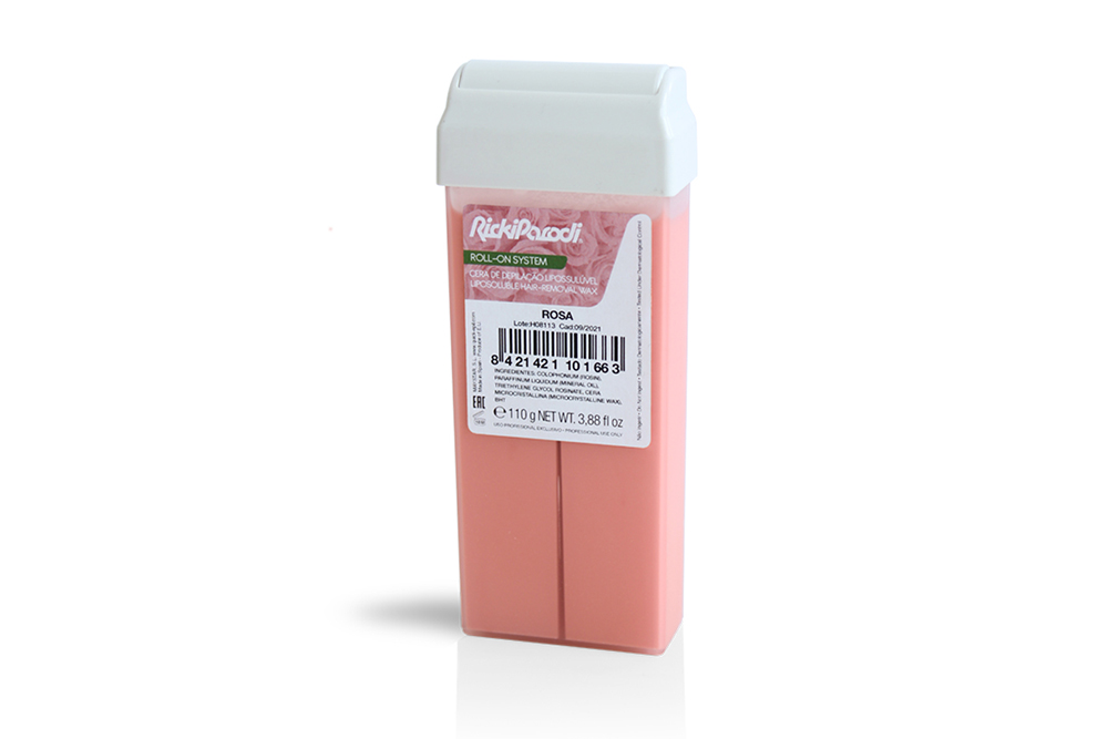 Cartucho de cera depilatória rosa com rótulo branco