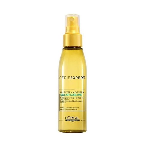 Frasco amarelo translúcido com spray de proteção capilar L'Oréal Série Expert Solar Sublime