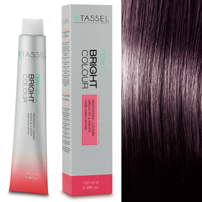 Tubo e caixa do produto TASSEL BRIGHT COLOUR ao lado de cabelo castanho roxo brilhante