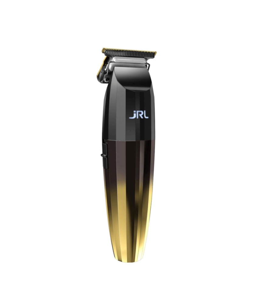 Aparelho de corte de cabelo e barba preto e dourado com texto JRL