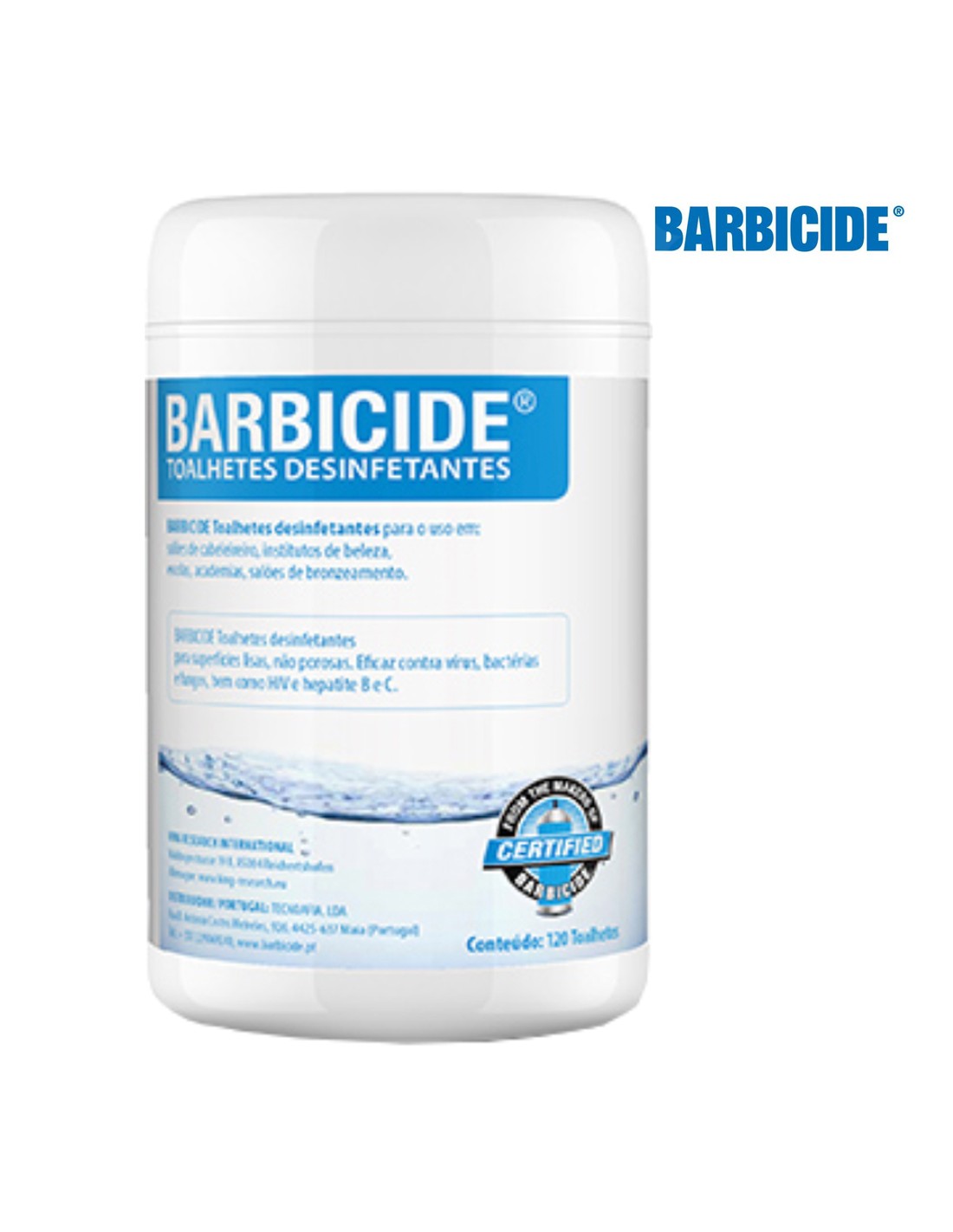 Embalagem branca de toalhetes desinfetantes Barbicide com rótulo azul e texto